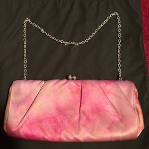 Pink/green satin evening clutch or shoulder bag.